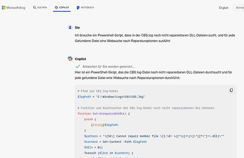 Microsoft Bing Copilot Chat mit PowerShell-Skript-Vorschlag