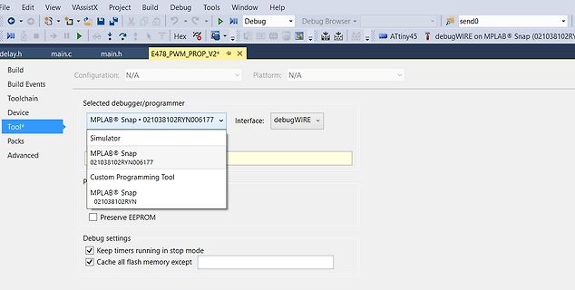 Screenshot der MPLAB X IDE Debug-Einstellungen