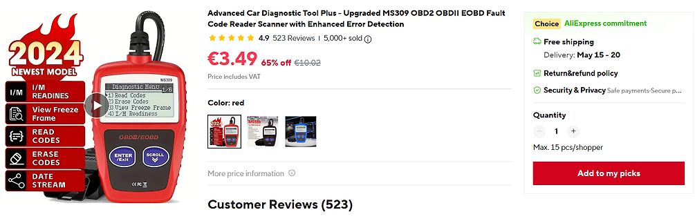 AliExpress Produktseite für MS309 OBD2 Scanner