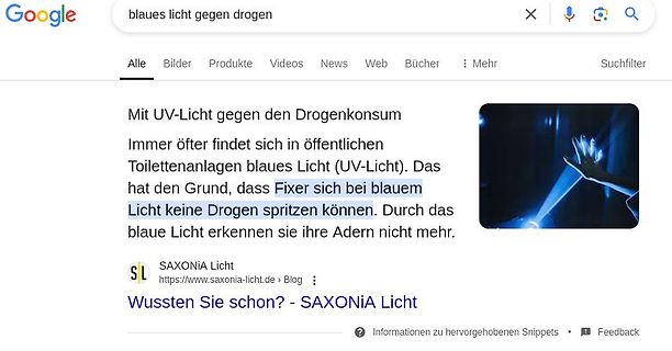 Google-Suchergebnis zu blauem Licht gegen Drogenkonsum