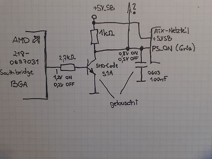 Handgezeichneter Schaltplan mit AMD Southbridge und Transistor