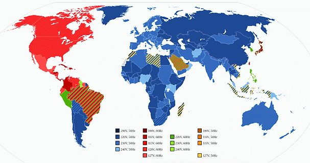 Weltkarte der Netzspannung und Frequenz