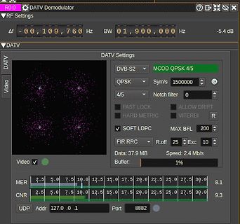 Software-Interface eines DATV Demodulators mit Konstellationsdiagramm