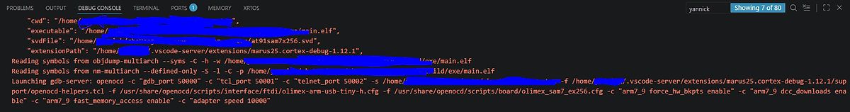 VS Code Debug Console mit OpenOCD Befehlen