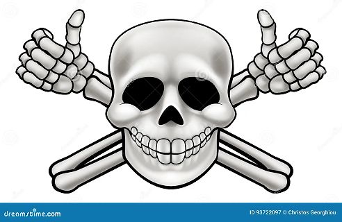 Totenkopf mit gekreuzten Knochen und Daumen hoch