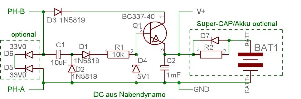 Schaltplan einer Gleichrichter- und Ladeschaltung