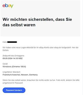eBay Sicherheitsbenachrichtigung über neue Login-Aktivität