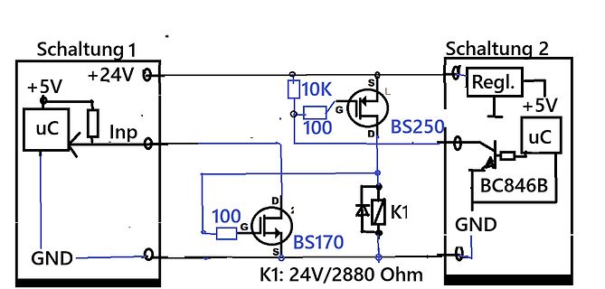 Schaltplan mit zwei Schaltungen und MOSFETs