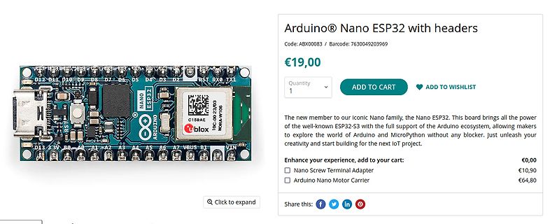 Arduino Nano ESP32 Produktseite im Webshop