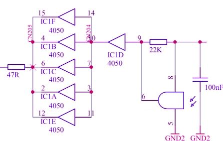 Schaltplan mit IC4050 Bausteinen und LED