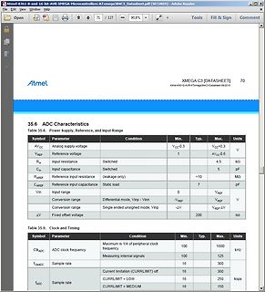 Datenblatt Ausschnitt ADC Charakteristiken ATxmega384C3