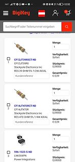 Screenshot eines DigiKey Online-Shops mit elektronischen Bauteilen