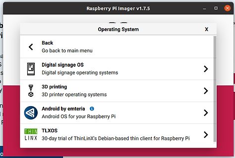 Menüauswahl Betriebssysteme im Raspberry Pi Imager
