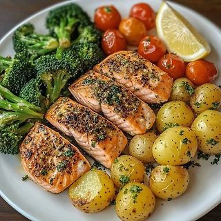 Gebratenes Lachsfilet mit Brokkoli, Kartoffeln und Tomaten