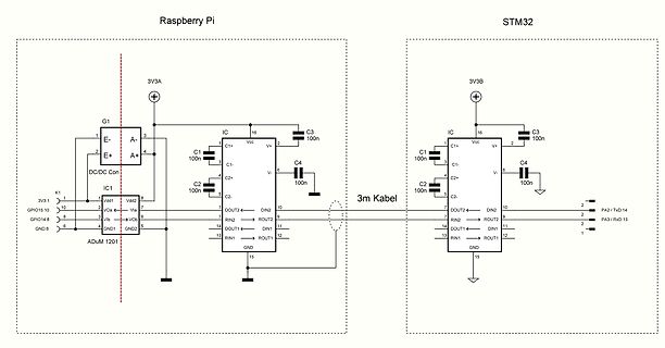 Schaltplan einer digitalen Isolationsschaltung zwischen Raspberry Pi und STM32