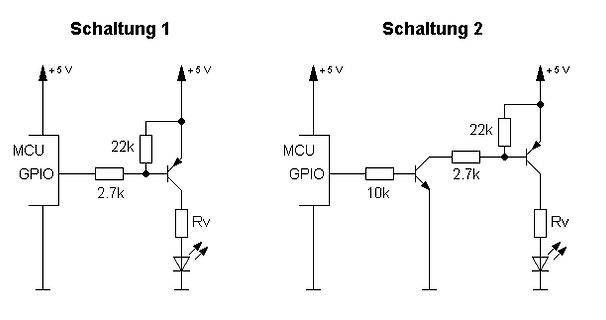 Zwei Schaltpläne zur LED-Ansteuerung mit Transistoren
