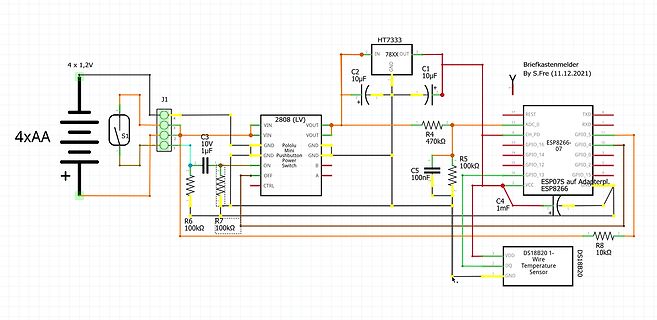Schaltplan eines ESP8266-basierten Briefkastenmelders