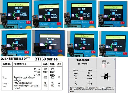 Messungen eines BT139 Triacs mit einem Bauteiltester und Datenblatt