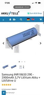 Webshop-Produktseite einer Samsung 18650 Akuzelle
