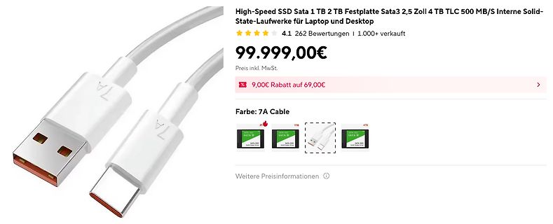 Online-Shop Produktseite für eine SSD