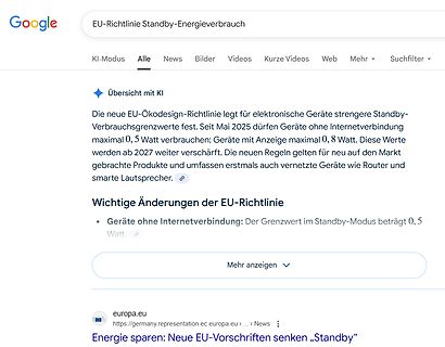 Google-Suchergebnisse zur EU-Richtlinie Standby-Energieverbrauch