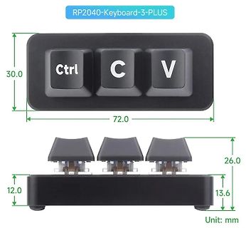 Maßzeichnung einer Tastatur mit drei Tasten