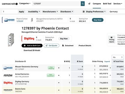 Webseite eines Elektronik-Distributors für Phoenix Contact Switch
