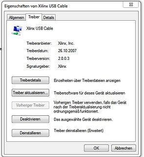 Windows Treiber-Eigenschaften Xilinx USB Cable
