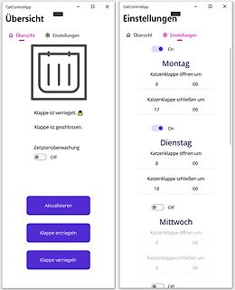 App-Screenshots einer Katzenklappen-Steuerung