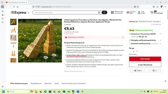 AliExpress Produktseite für ägyptische Statuen