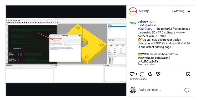 Instagram Post von PCBWay über CadQuery Integration