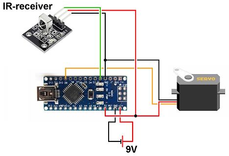 Verdrahtungsschema IR-Empfänger, Arduino Nano und Servo