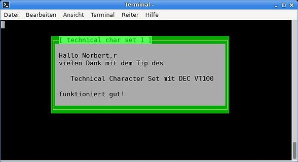 Terminal-Fenster mit Text über DEC VT100 Zeichensatz