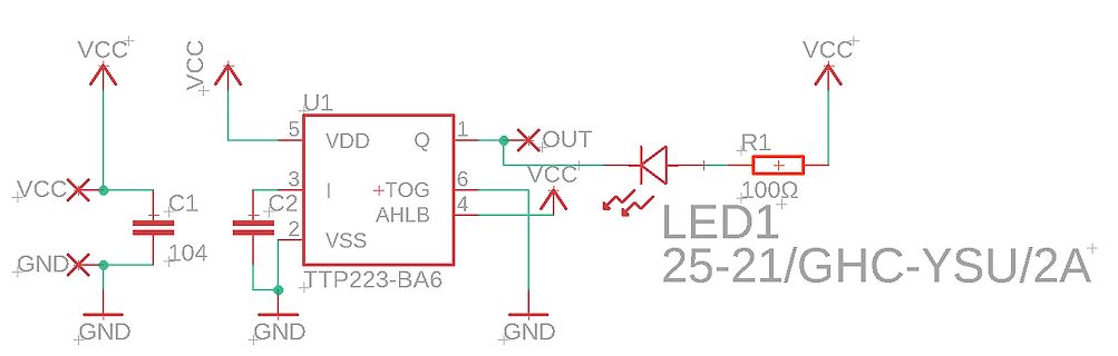 Schaltplan mit TTP223-BA6 Touch-Sensor und LED