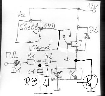 Handgezeichneter Schaltplan mit Shelly-Modul und Relais