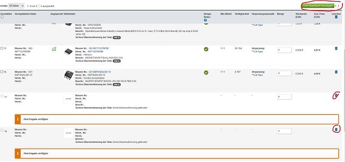 Screenshot einer Online-Bestellliste für Elektronikbauteile