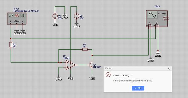 Schaltplan mit Fehlermeldung in Simulationssoftware