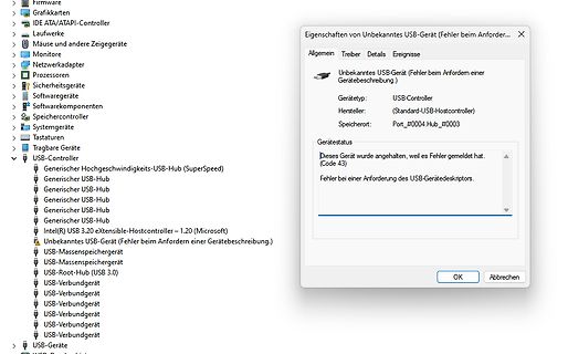 Windows Geräte-Manager mit Fehlermeldung eines USB-Geräts