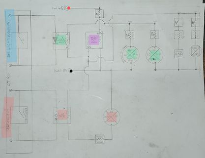 Handgezeichneter Schaltplan eines 48V-Systems mit DC/DC-Wandler