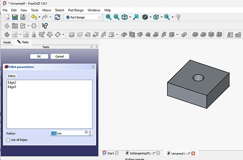 FreeCAD Part Design Fillet Parameter Dialog