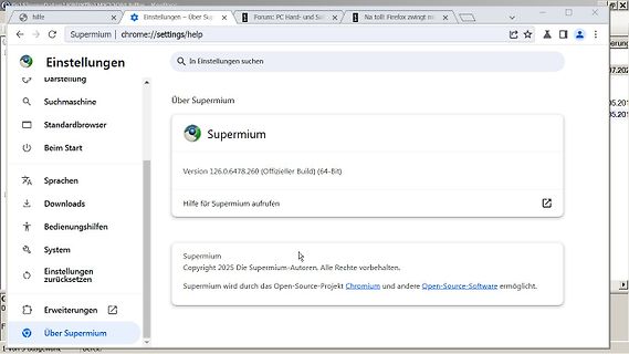 Einstellungen der Supermium Browser Hilfe-Seite