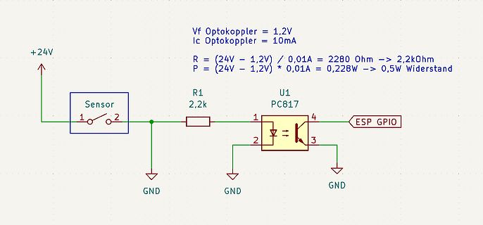 Schaltplan zur Anbindung eines Sensors an ESP GPIO via Optokoppler