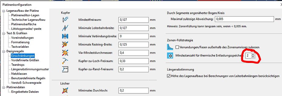 Einstellungen der Platinenkonfiguration in einer CAD-Software