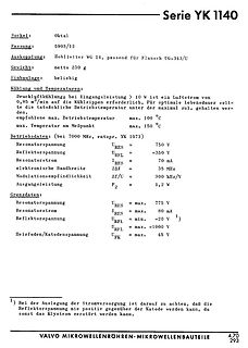 Datenblatt der Valvo Mikrowellenröhre Serie YK 1140
