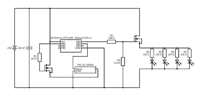 Schaltplan mit ATtiny85, PIR-Sensor und LEDs