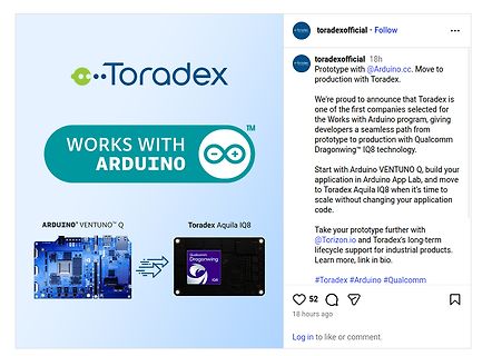 Instagram-Post über Toradex und Arduino Zusammenarbeit