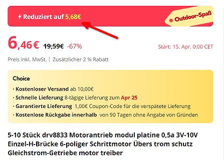 Screenshot eines Online-Verkaufsangebots für ein Motorantrieb-Modul