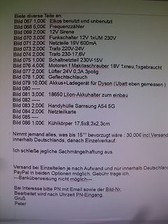 Verkaufsliste verschiedener Elektronikkomponenten