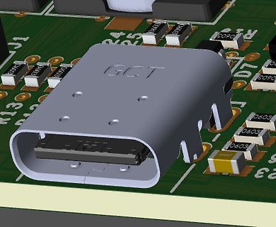 3D CAD Ansicht eines USB-C Steckers auf Leiterplatte