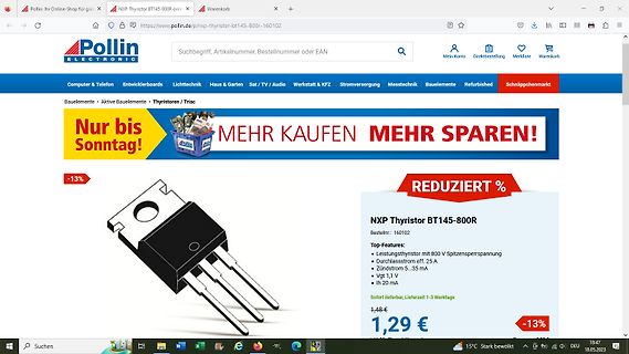 Webseite eines Online-Shops für einen Thyristor